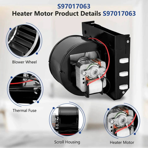 S97017063 Heater Motor Assembly with blower wheel, thermal fuse, scroll housing, and heater motor for bathroom exhaust.