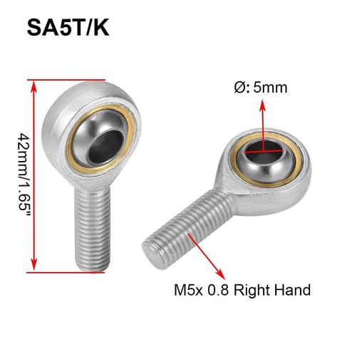 SA5T/K rod end bearing kit, 4 pcs with 5mm bore and M5x0.8 right hand male thread, heim joints shown with measurements