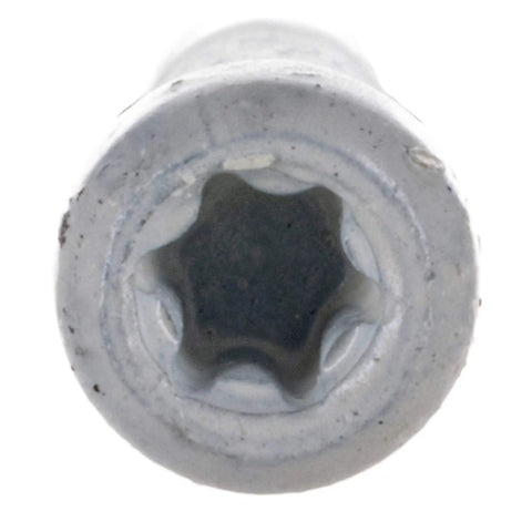 Close-up of Size 8 X 1 And 5 Eighths Inch Saberdrive White Trim Screw head, serrated threads, Type 17 point for secure fastening.