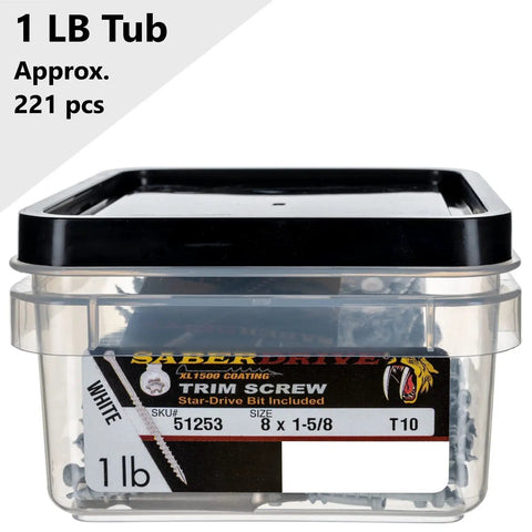 Size 8 X 1 And 5 Eighths Inch Saberdrive White Trim Screws, 1 Pound Tub, Approximately 221 Pieces, in a clear plastic container