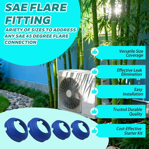 SAE flare fittings kit: 2×1/4 in and 2×3/8 in HVAC leak-free connections; blue spacers, outdoor AC unit in background