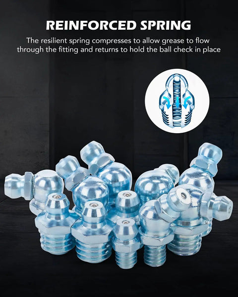 Grease Fittings Kit 150 Piece SAE Hydraulic Zerk Assortment with zinc-plated fittings and reinforced spring design display.