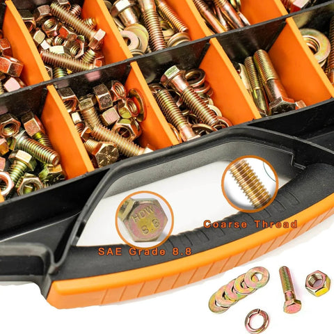 612-Piece SAE Grade 8 Bolts And Nuts Kit, Heavy Duty Yellow Zinc Plated, Includes Washers, Sizes 1/4-20 To 1/2-13
