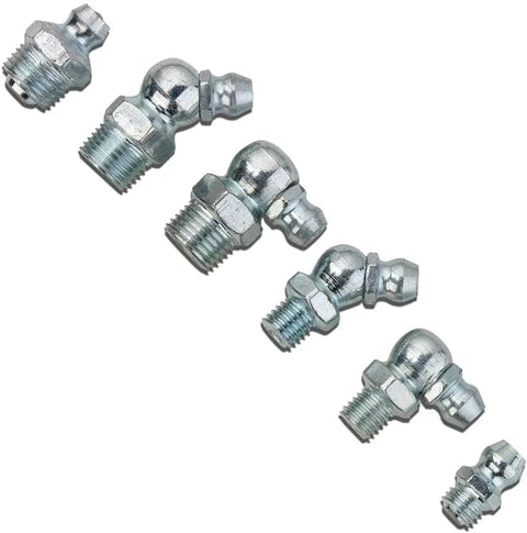Grease Fitting Assortment Kit For Angled And Straight Zerks, 110 Pieces SAE A3 Steel Fittings laid out on white background