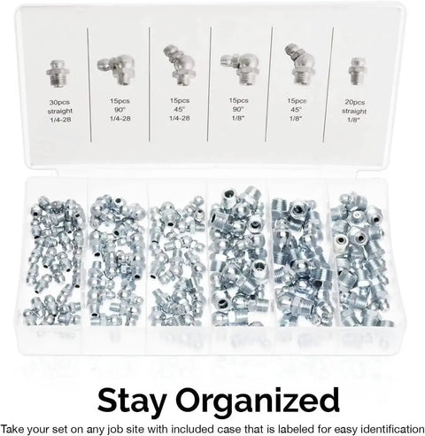 Open kit showcasing Grease Fitting Assortment Kit For Angled And Straight Zerks, 110 Pieces SAE A3 Steel Fittings, labeled compartments