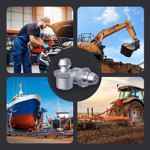 One Eighth Inch Twenty Seven Zerk Grease Fittings Kit With Wrench For Quick Installation Heavy Duty Pro Grade For Automotive Agricultural And Industrial Machinery 60 Pieces Premium SAE Grease Nipples Straight Fittings By TRILINK in use across various industries including automotive, construction, maritime, and agriculture.