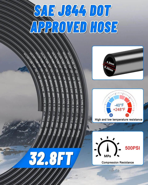 One Quarter Inch Air Line Tubing Kit With About 33 Feet PA Nylon Hose Cutter And Teflon Tape Push To Connect Fittings No Fuss Quick Install For Air Brakes Or Fluid Transfer Includes 30 Piece Connector Kit, showing 32.8 ft hose with temp resistance