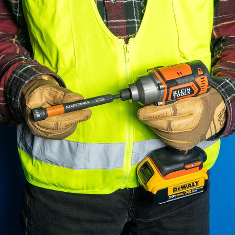 Person using Klein Tools 32930 from Six Piece SAE Magnetic Impact Nut Setter Set With Color Coded Power Nut Drivers