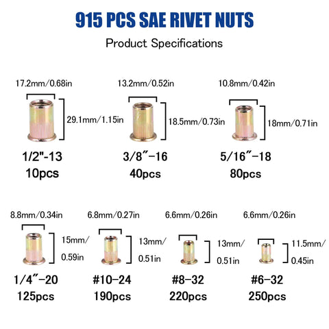 Beefed Up 915 Piece Rivet Nut Kit With SAE UNC Rivet Nuts Assortment In Sizes 6 32 8 32 10 24 1/4-20 5/16-18 3/8-16 1/2-13 Zinc Plated Carbon Steel Nut Inserts In Color Coded Storage Box image showing various nut sizes.
