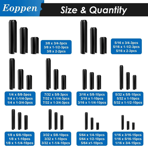 SAE Roll Pin Assortment Set With 230 Slotted Spring Pins In Ten Sizes From 1/16 To 3/8 Inch shown with size labels and quantities