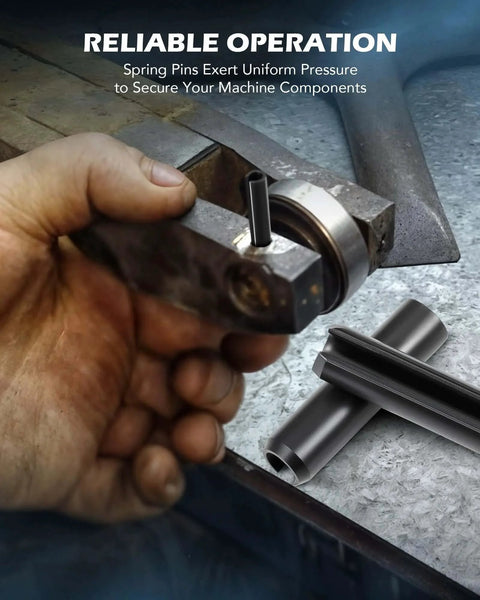 Hand installing heavy-duty steel slotted spring pin from 330Pcs SAE Roll Pin Assortment Kit into metal component, close-up view.