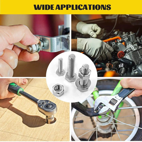 224 Piece 1/4-20 SAE Stainless Steel Bolts, Nuts, And Washers Assortment Kit used in various applications like automotive and cycling.
