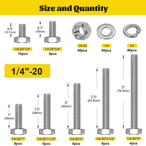 224 Piece 1/4-20 SAE Stainless Steel Bolts, Nuts, And Washers Assortment Kit size and quantity chart