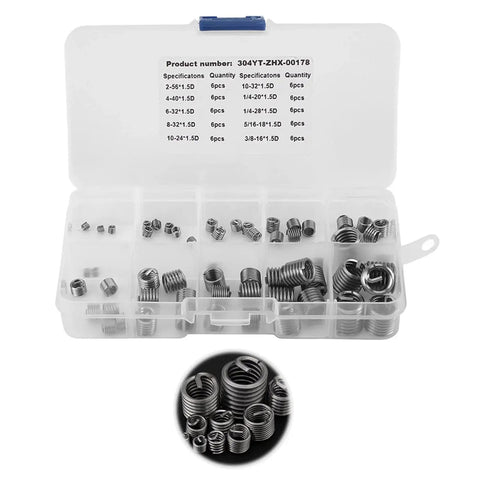 Premium SAE Thread Repair Kit With 60 Pcs 304 Stainless Steel Wire Sleeve Inserts for Three Eighths Inch Coarse Threads in case