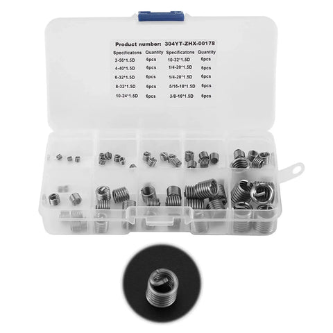 Premium SAE Thread Repair Kit With 60 Pcs 304 Stainless Steel Wire Sleeve Inserts in plastic organizer