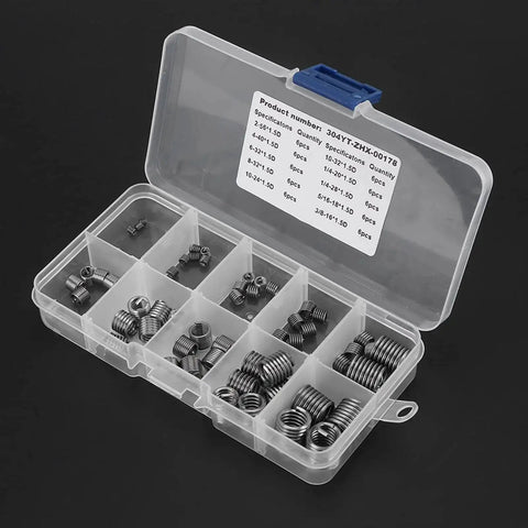 Premium SAE Thread Repair Kit With 60 Pcs 304 Stainless Steel Wire Sleeve Inserts For Three Eighths Inch Coarse Threads in plastic case