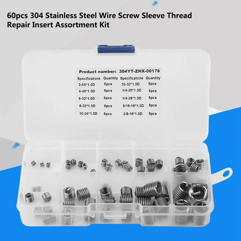 Premium SAE Thread Repair Kit With 60 Pcs 304 Stainless Steel Wire Sleeve Inserts for Three Eighths Inch Coarse Threads in case
