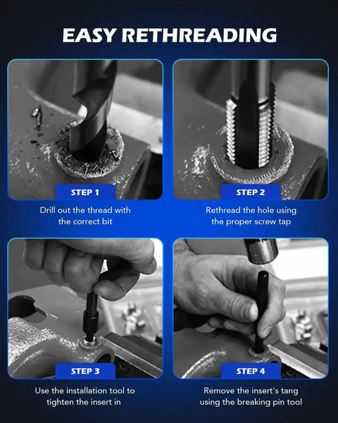 SAE Thread Repair Kit 172 Piece Set for auto repair showing steps for rethreading including drilling, screwing, and inserting tools.