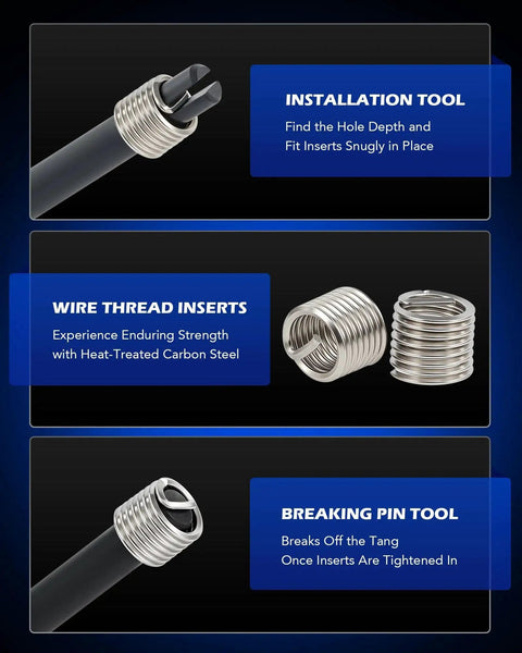 SAE Thread Repair Kit components including installation tool, wire thread inserts, and breaking pin tool for auto repair.