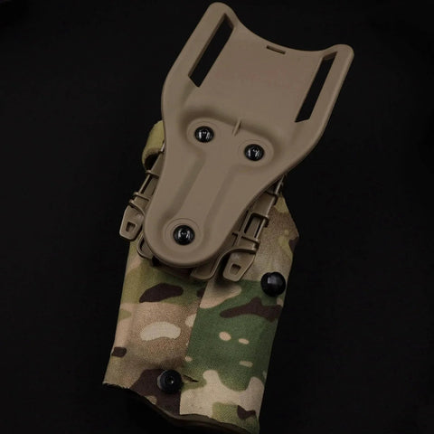 Holster setup with 12 Sets Black Gun Holster Screws and Anti-Slip 3 Prong T Nuts Kit for Safariland QLS System in camouflage pattern.