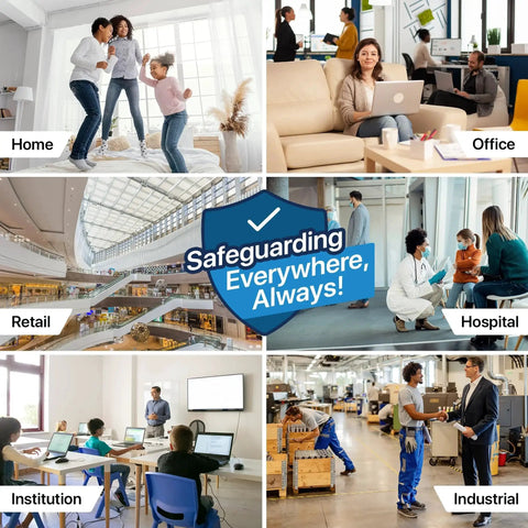 Collage showing various environments with people: home, office, retail, hospital, institution, industrial with 'Safeguarding Everywhere, Always!' text.