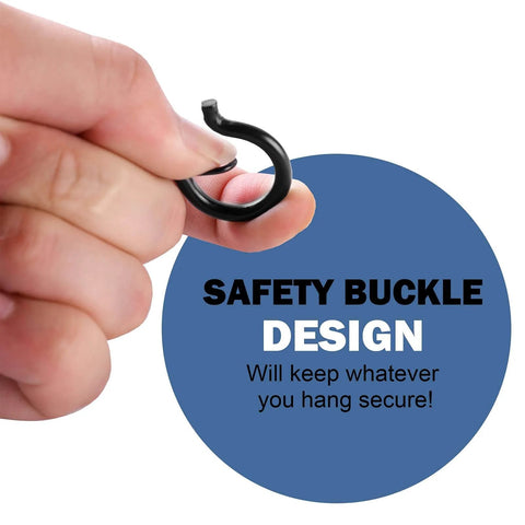 Close-up of hand holding safety buckle with text 'Safety Buckle Design' on blue circle background, ensuring secure hanging.