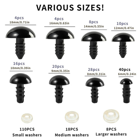 Safety Eyes Kit 8 Sizes 6 To 18mm With Washers For Amigurumi And DIY Crafts, showing various sizes and matching washers.