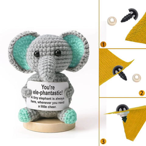 Amigurumi elephant with installed Safety Eyes Kit 8 Sizes 6 To 18mm With Washers For Amigurumi And DIY Crafts, shown with washers.