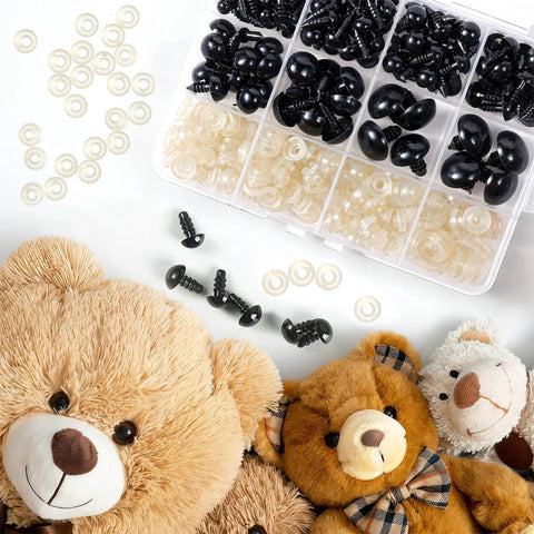 Safety Eyes Kit 8 Sizes 6 To 18mm With Washers for Amigurumi and DIY crafts, shown with teddy bears, assortment of eyes and washers