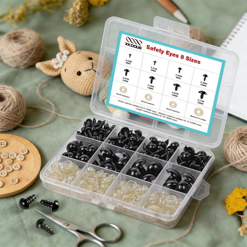Safety Eyes Kit 8 Sizes 6 To 18mm With Washers For Amigurumi And DIY Crafts in open case with eyes and washers visible.