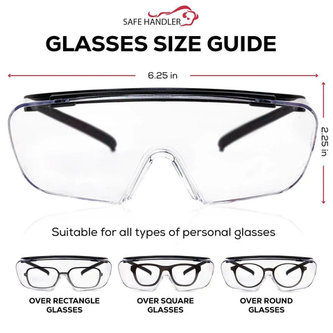 Size guide for Duarte Premium Over Glasses Safety Eyewear With Anti Fog Lenses ANSI Z87.1, showcasing fit over various frame shapes.