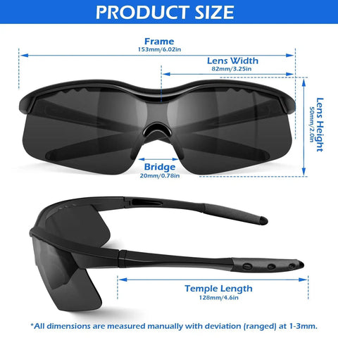 12 Pairs Safety Glasses ANSI Z87.1 UV Protection Unisex Grey Lenses Black Frame with detailed size dimensions