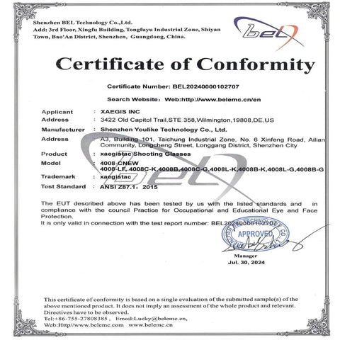 Certificate of Conformity for Anti Fog Hunting Glasses With Case For Adults UV400 Wraparound Safety Glasses