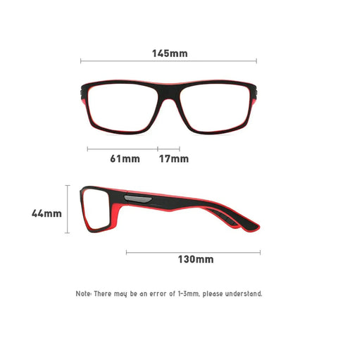 Dimensions of Photochromic Safety Glasses With Readers 1.5 Diopter Wraparound Goggles showing frame width and arm length