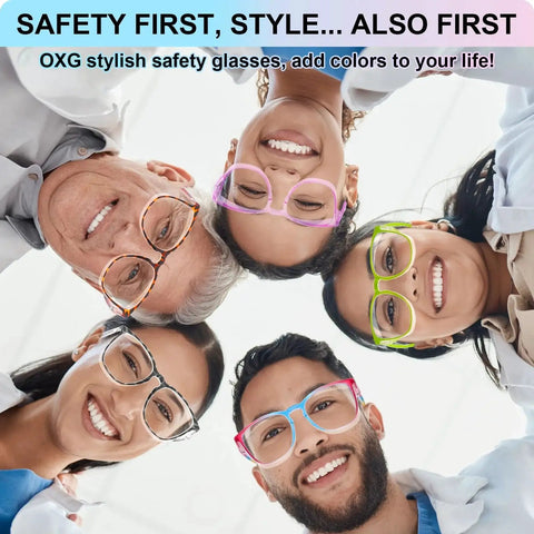 Group of people wearing colorful safety glasses in a circle view highlighting Three Pack Anti Fog Safety Glasses ANSI Z87 High Impact