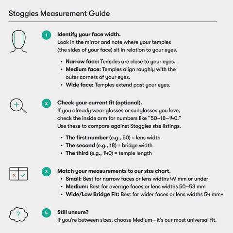 Stoggles measurement guide for selecting safety glasses based on face width and current eyeglass size.