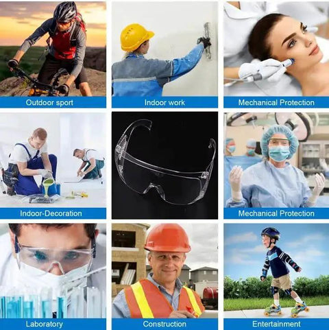 Collage showing various uses for Anti Fog Safety Glasses Wide Eye Shield ANSI Z87.1 EN 166 UV Protected 2 Pack, including outdoor sports and construction.