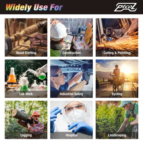 28 Pack Unisex Safety Glasses With Impact Resistant Lenses ANSI Z87.1 Certified used in various industries like construction, lab work, cycling, and healthcare.