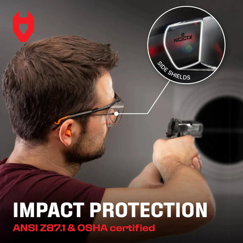 Man wearing Safety Glasses Over Eyeglasses with Integrated Side Shields UV400 ANSI Z87 shooting at target