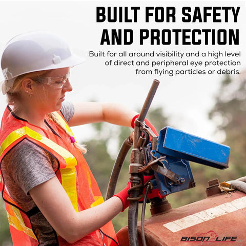 Woman wearing Clear Safety Glasses With Polycarbonate Lens And Wraparound Side Shields Pack 12 while working outdoors