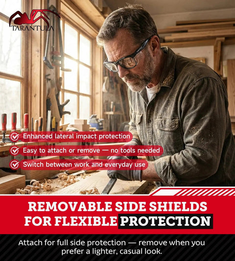 Man woodworking wearing Z87.1 Safety Glasses Anti Fog Blue Light Blocking With Removable Side Shields for protection