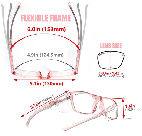 Diagram of Safety Glasses With Side Shields Z87 Anti Fog Scratch Resistant Labs And Sports showing flexible frame and dimensions