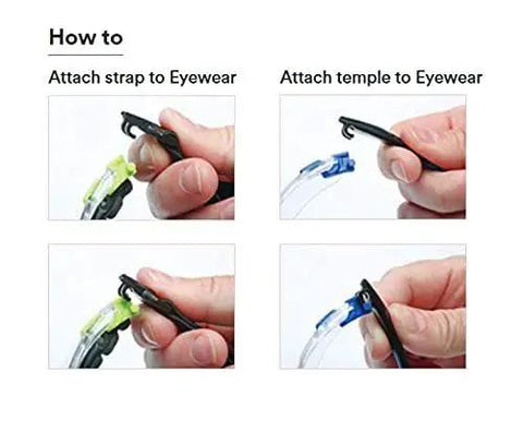 Instructions for attaching strap and temple to Solus 1000 Safety Glasses With Scotchgard Anti-Fog Coating ANSI Z87 Clear Lens.
