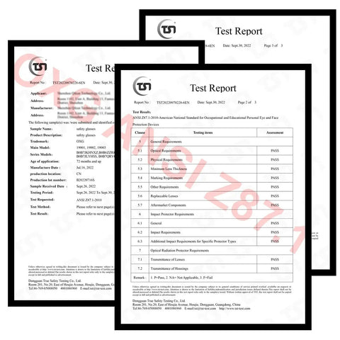 Test reports for 12 Pack Tinted Safety Glasses ANSI Z87.1 UV400 Eyewear For Men And Women showing pass results on various assessments