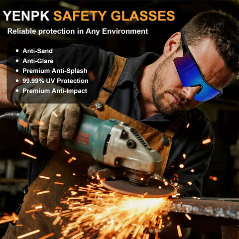 Worker wearing SixPack Multicolor Safety Glasses ANSI Z87.1 UV400 Anti Splash Scratch Resistant while grinding metal
