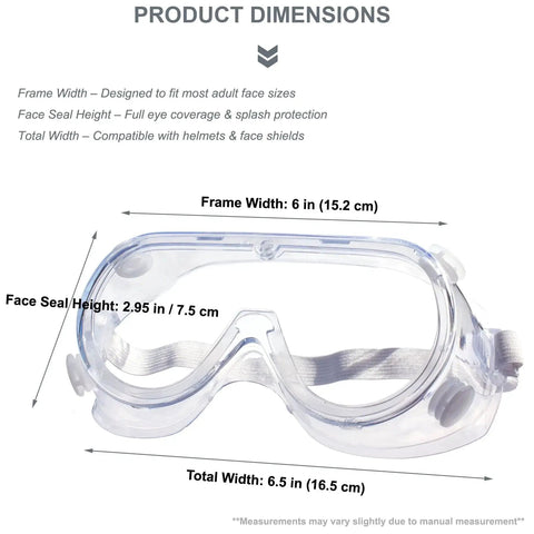 Protective Safety Goggles Anti Splash Wide Vision Fits Over Prescription Glasses with dimensions and size details.