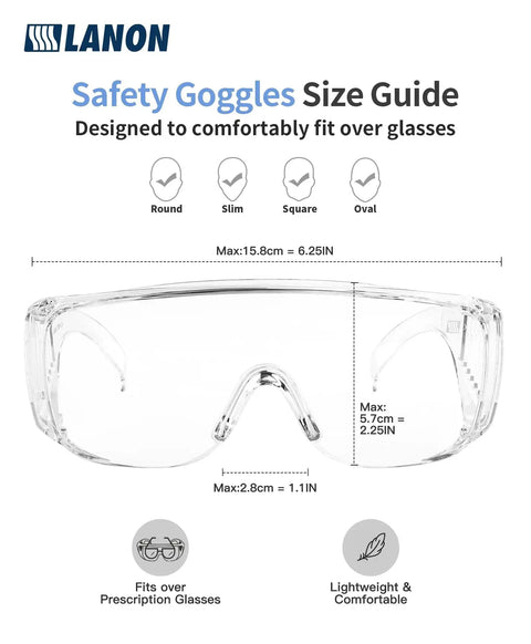 Three Pack Over Eyeglasses Safety Goggles ANSI Z87.1 Anti Fog Scratch UV Wrap size guide, fits over glasses, lightweight.
