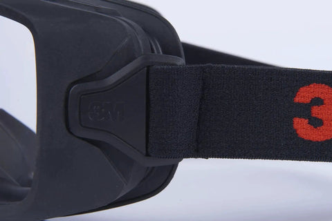 Close-up of GoggleGear 3000 Series Z87.1 Anti Fog Anti Scratch Safety Goggles TPV Shroud strap and side view of black shroud