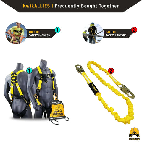 Display showing KwikALLIES Thunder Safety Harness beside the Rattler Safety Lanyard. Both products are designed for construction safety.
