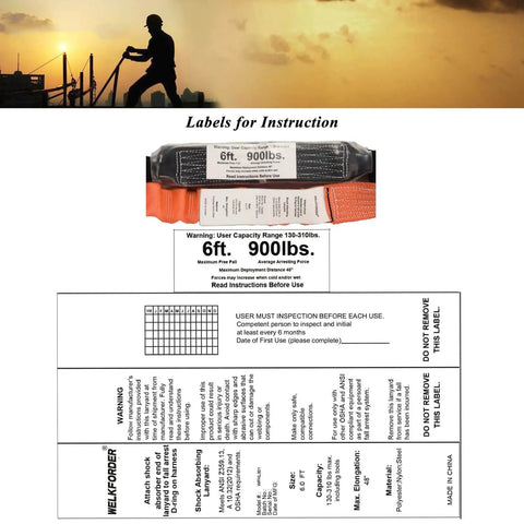 Industrial Fall Protection Safety Harness With 6-Foot Shock Absorber Lanyard Permanent Attached Kit For Personal Fall Arrest System PFAS ANSI Compliant For Construction Roofing Climbing Window Cleaning And More product label and specifications.